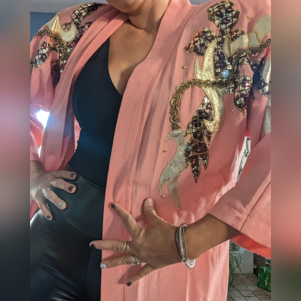 New With Tag Salmon color and gold detail Cardigan style Rayon top